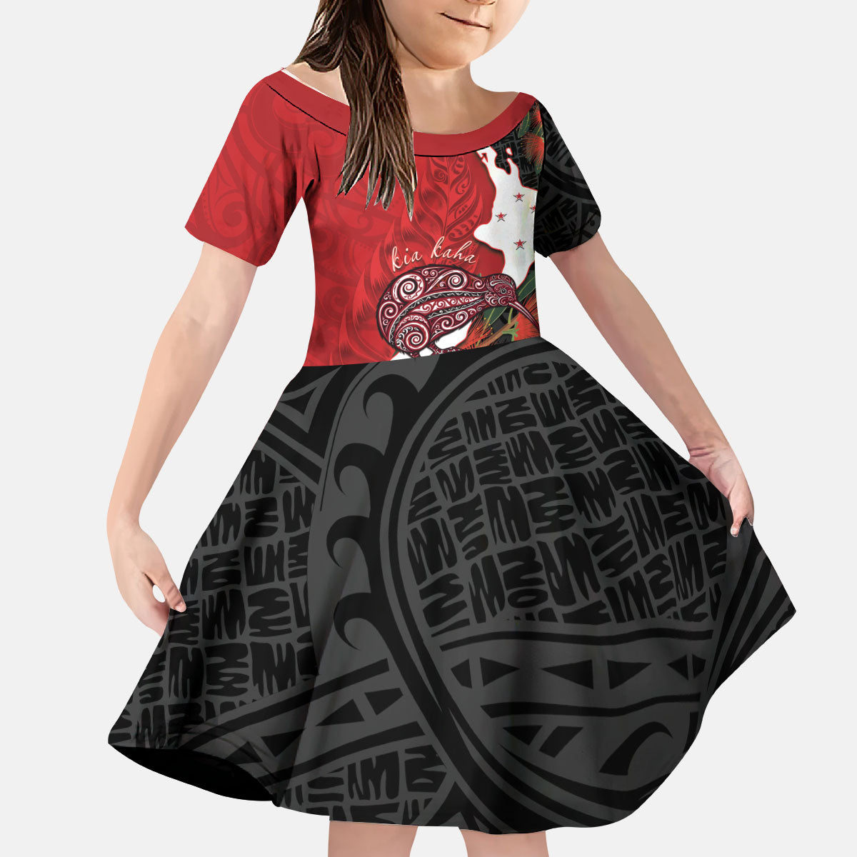 Kiwi New Zealand Personalised Kid Short Sleeve Dress NZ Map Pohutukawa Fern Maori Pattern LT22 KID Red - Polynesian Pride
