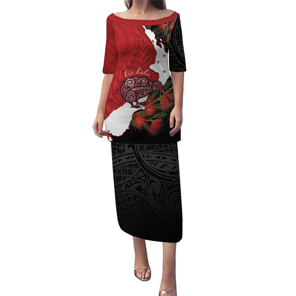 Kiwi New Zealand Personalised Puletasi NZ Map Pohutukawa Fern Maori Pattern LT22 Long Dress Red - Polynesian Pride