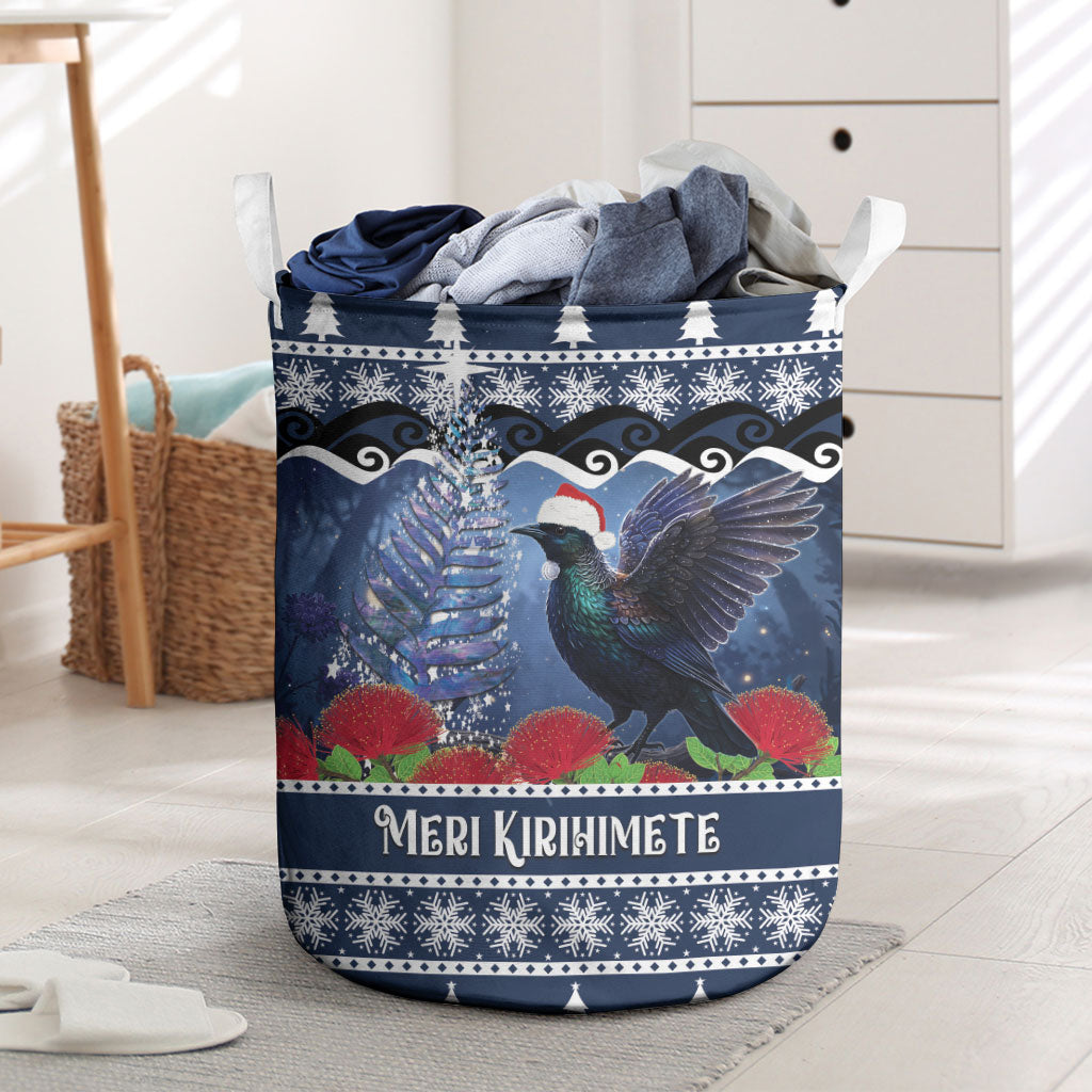 New Zealand Tui Bird Christmas Laundry Basket Pohutukawa Xmas Tree Meri Kirihimete LT22 Blue - Polynesian Pride