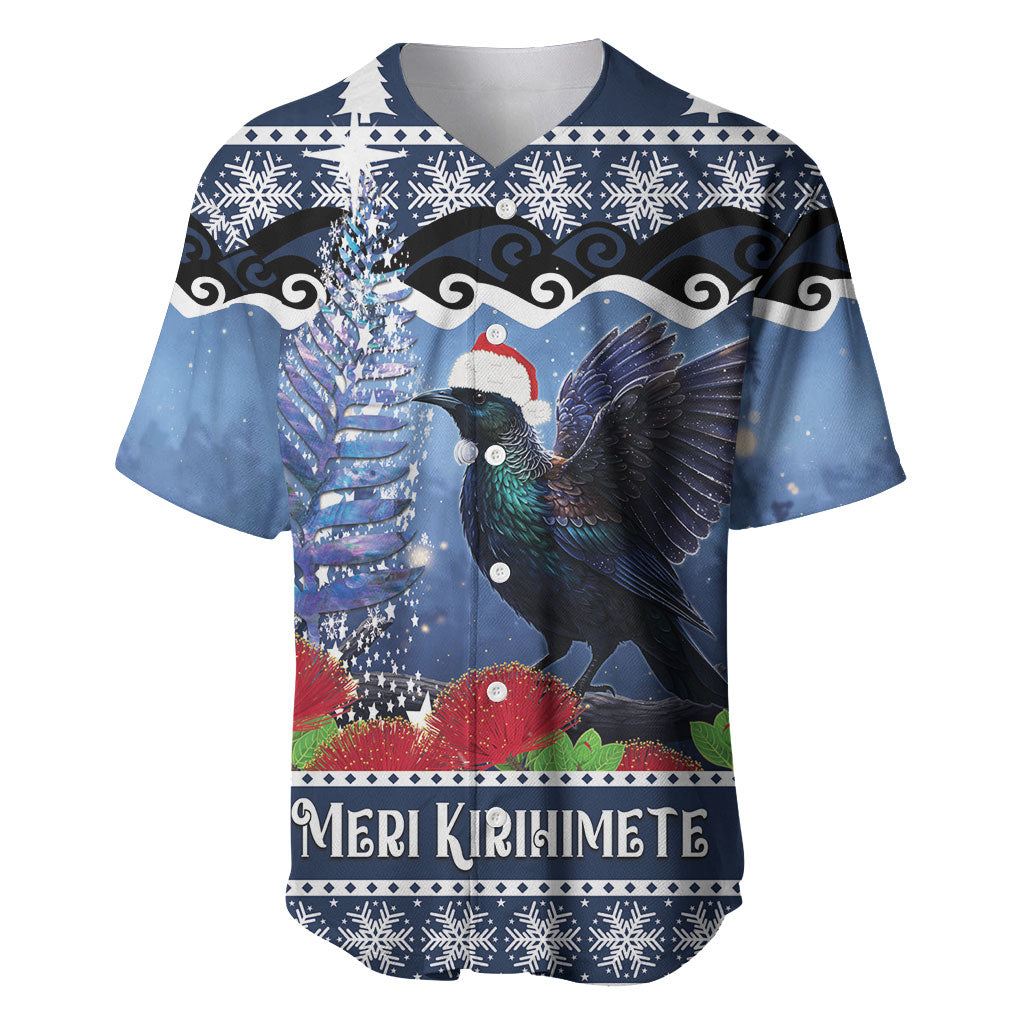 New Zealand Tui Bird Christmas Baseball Jersey Pohutukawa Xmas Tree Meri Kirihimete LT22 Blue - Polynesian Pride