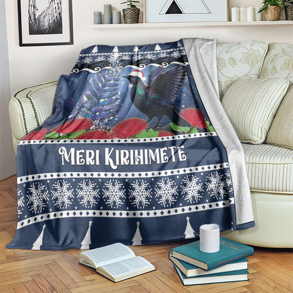 New Zealand Tui Bird Christmas Blanket Pohutukawa Xmas Tree Meri Kirihimete LT22 Blue - Polynesian Pride