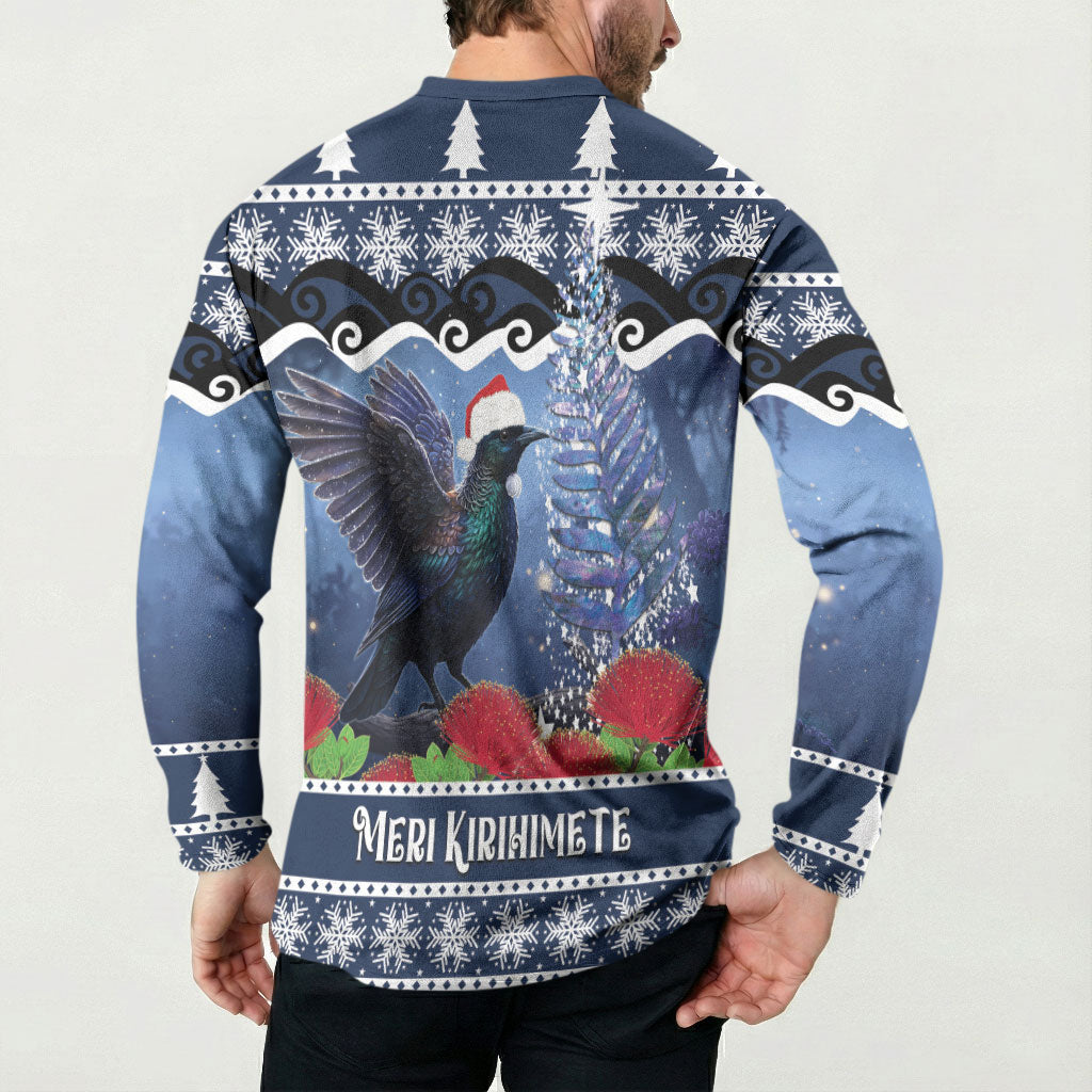 New Zealand Tui Bird Christmas Button Sweatshirt Pohutukawa Xmas Tree Meri Kirihimete LT22 - Polynesian Pride