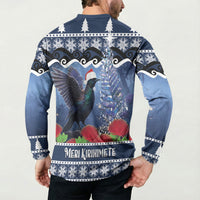 New Zealand Tui Bird Christmas Button Sweatshirt Pohutukawa Xmas Tree Meri Kirihimete LT22 - Polynesian Pride