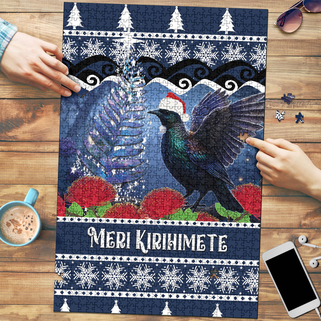 New Zealand Tui Bird Christmas Puzzle Pohutukawa Xmas Tree Meri Kirihimete LT22 Blue - Polynesian Pride