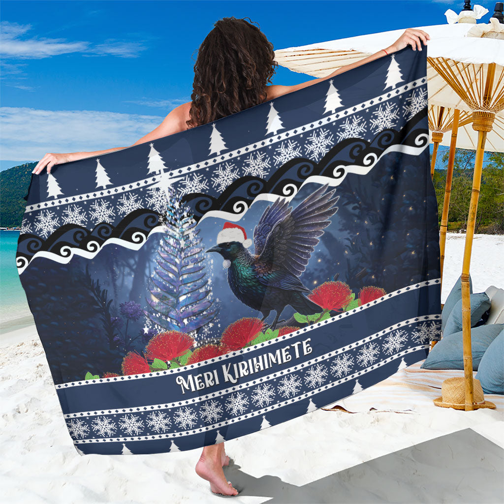 New Zealand Tui Bird Christmas Sarong Pohutukawa Xmas Tree Meri Kirihimete LT22 One Size 44 x 66 inches Blue - Polynesian Pride