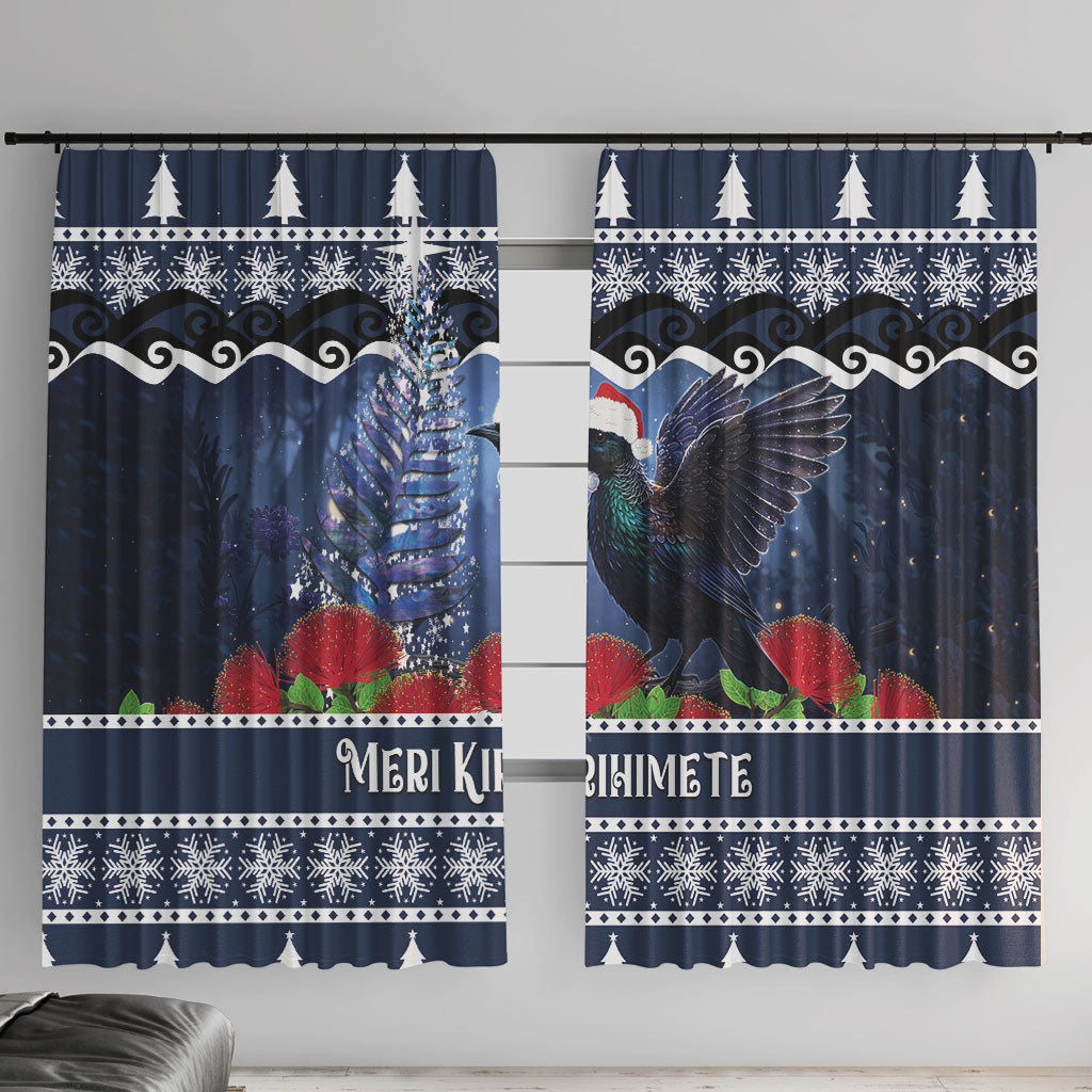 New Zealand Tui Bird Christmas Window Curtain Pohutukawa Xmas Tree Meri Kirihimete LT22 With Hooks Blue - Polynesian Pride