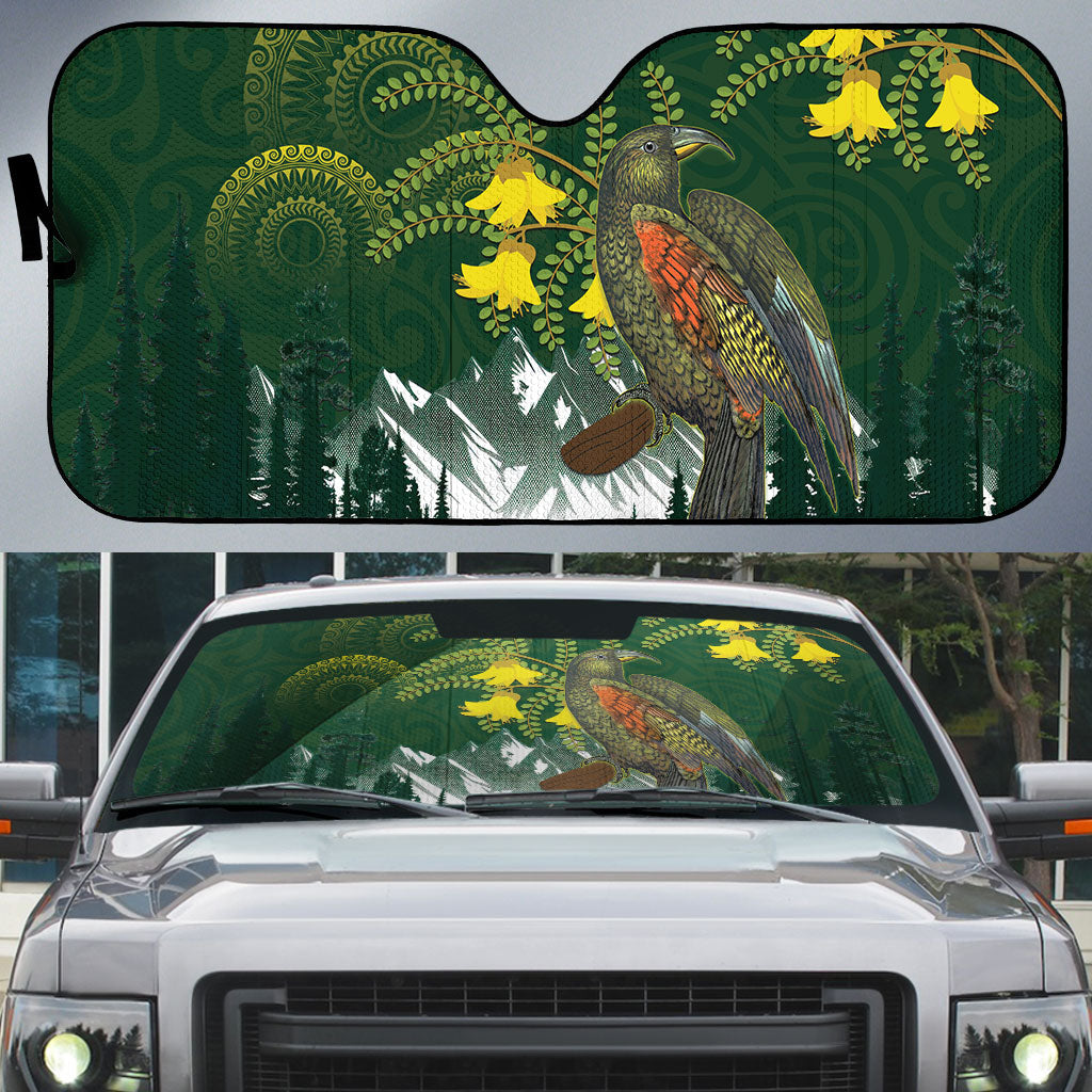 Kea Bird Kowhai New Zealand Auto Sun Shade Mountain Landscape Maori Art LT22 Green - Polynesian Pride