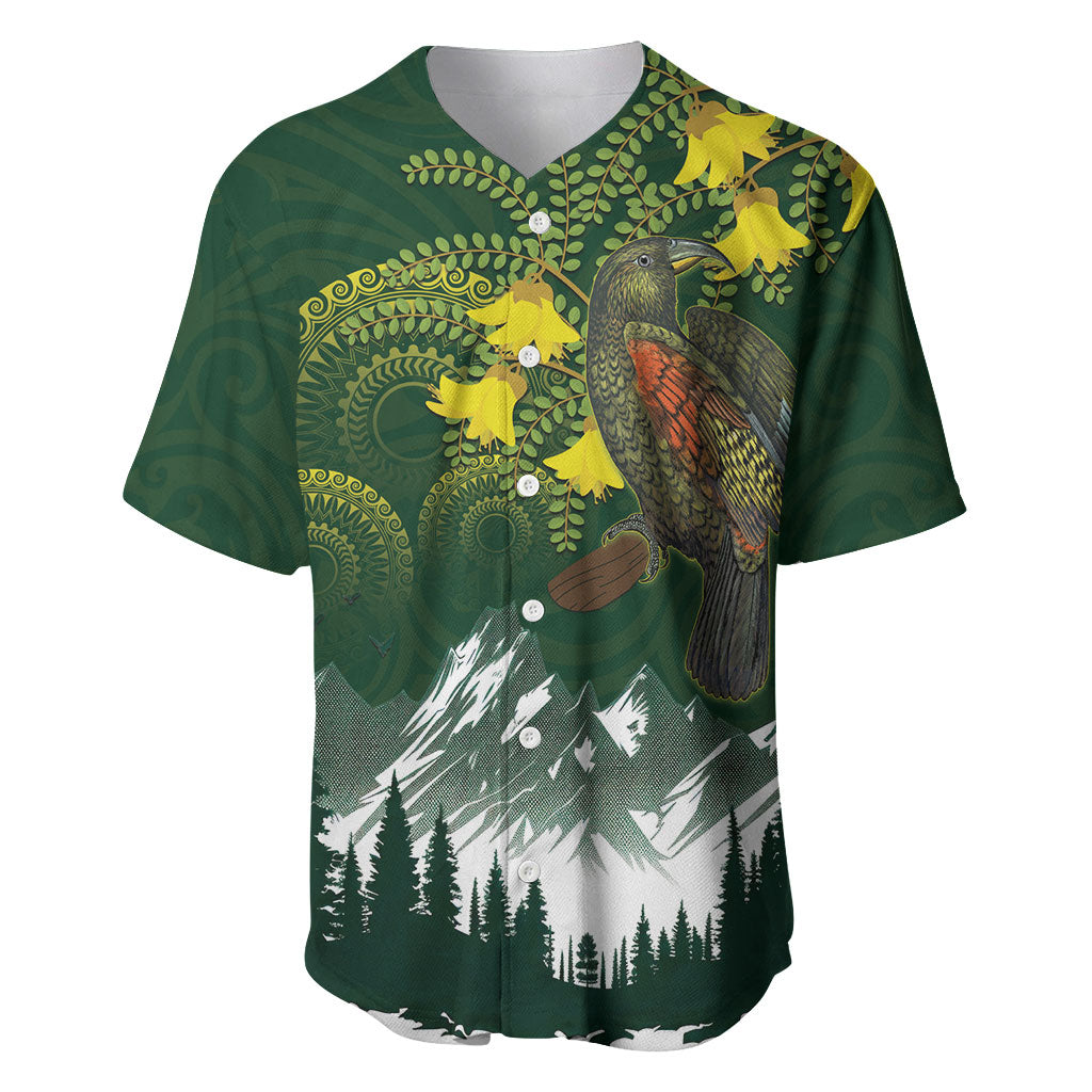 Kea Bird Kowhai New Zealand Baseball Jersey Mountain Landscape Maori Art LT22 Green - Polynesian Pride