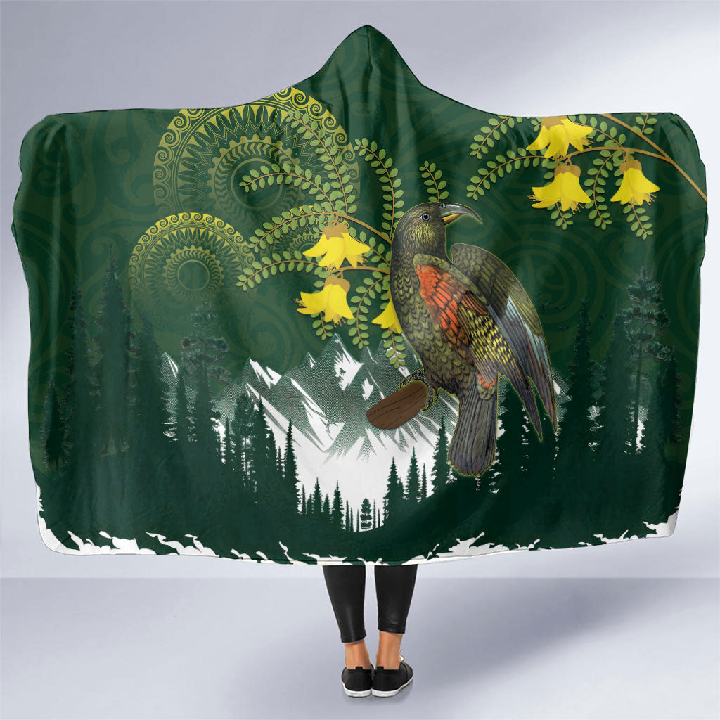 Kea Bird Kowhai New Zealand Hooded Blanket Mountain Landscape Maori Art LT22 One Size Green - Polynesian Pride
