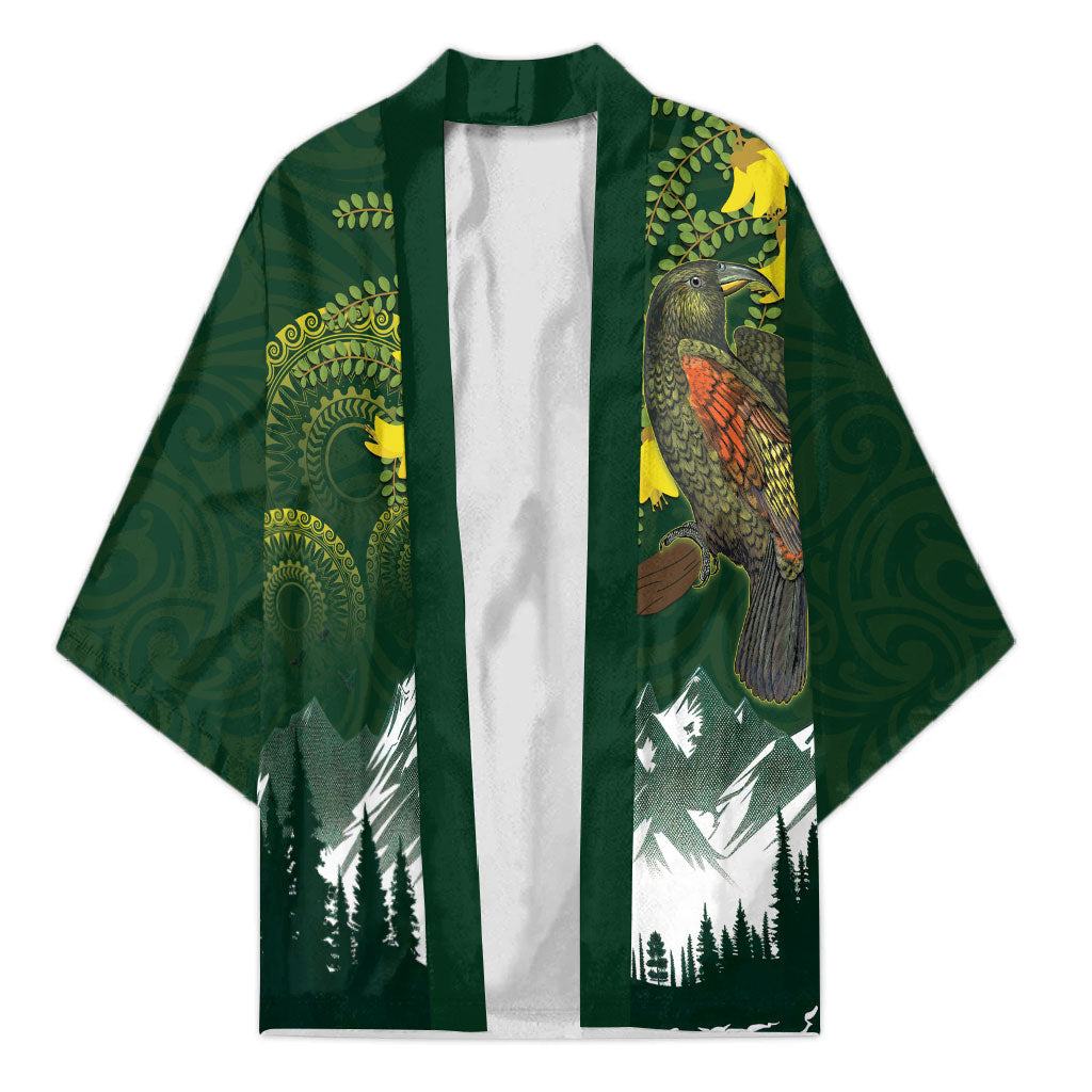 Kea Bird Kowhai New Zealand Kimono Mountain Landscape Maori Art LT22 Unisex Green - Polynesian Pride