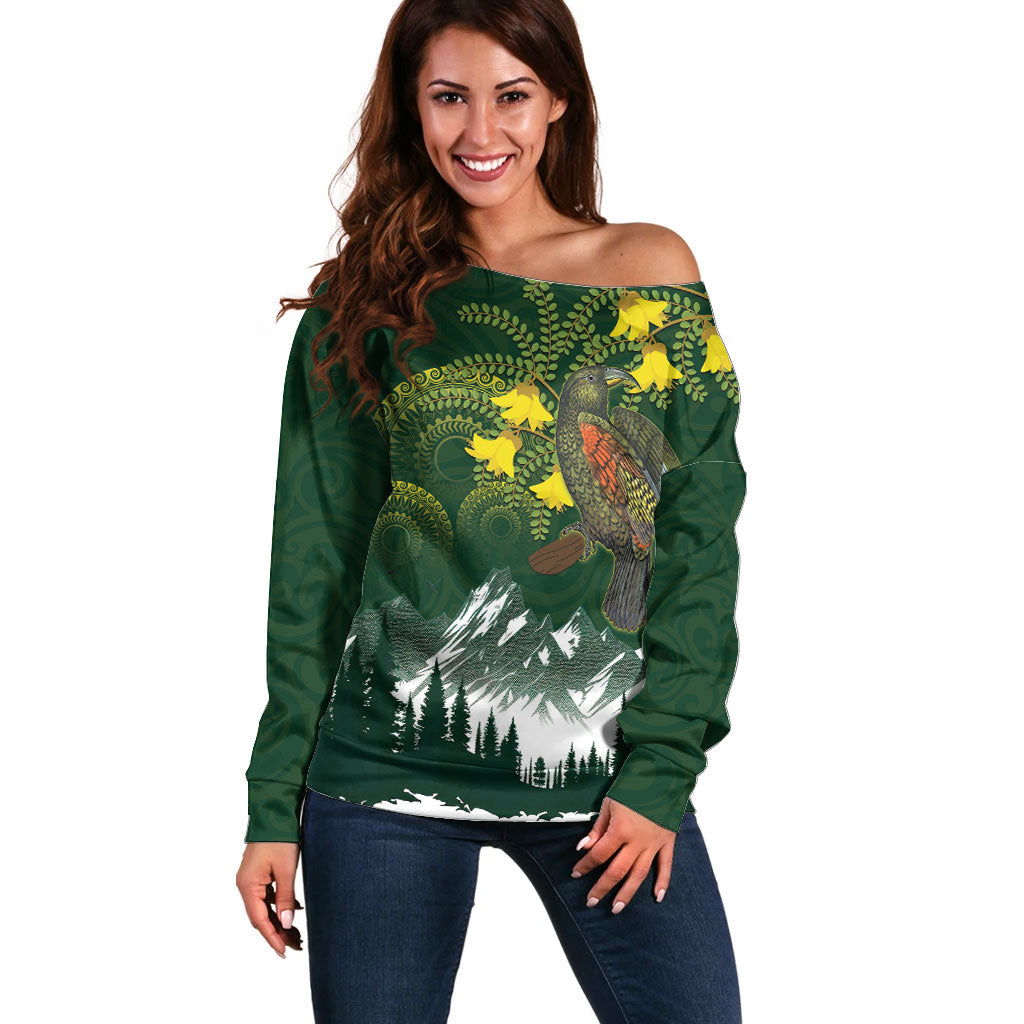 Kea Bird Kowhai New Zealand Off Shoulder Sweater Mountain Landscape Maori Art LT22 Women Green - Polynesian Pride