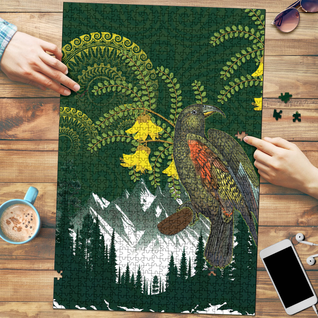 Kea Bird Kowhai New Zealand Puzzle Mountain Landscape Maori Art LT22 Green - Polynesian Pride