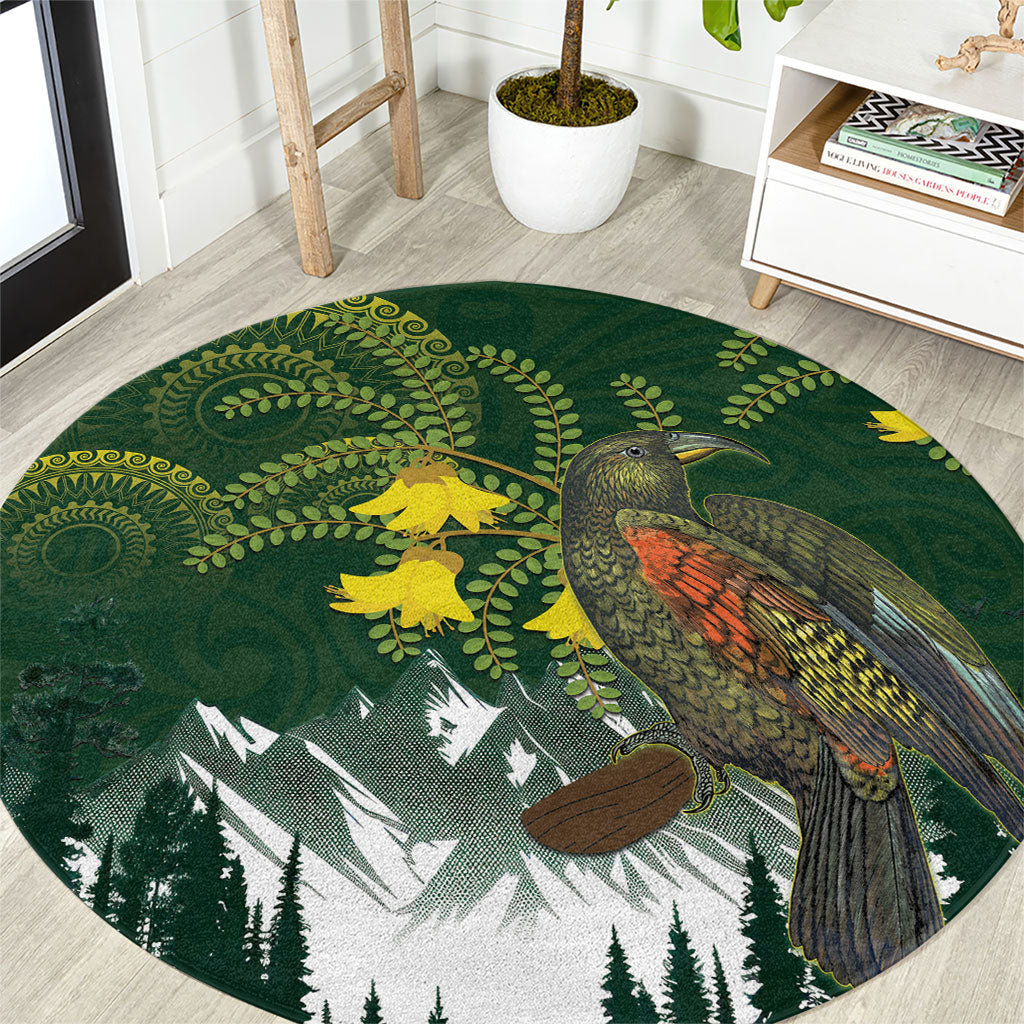 Kea Bird Kowhai New Zealand Round Carpet Mountain Landscape Maori Art LT22 Green - Polynesian Pride