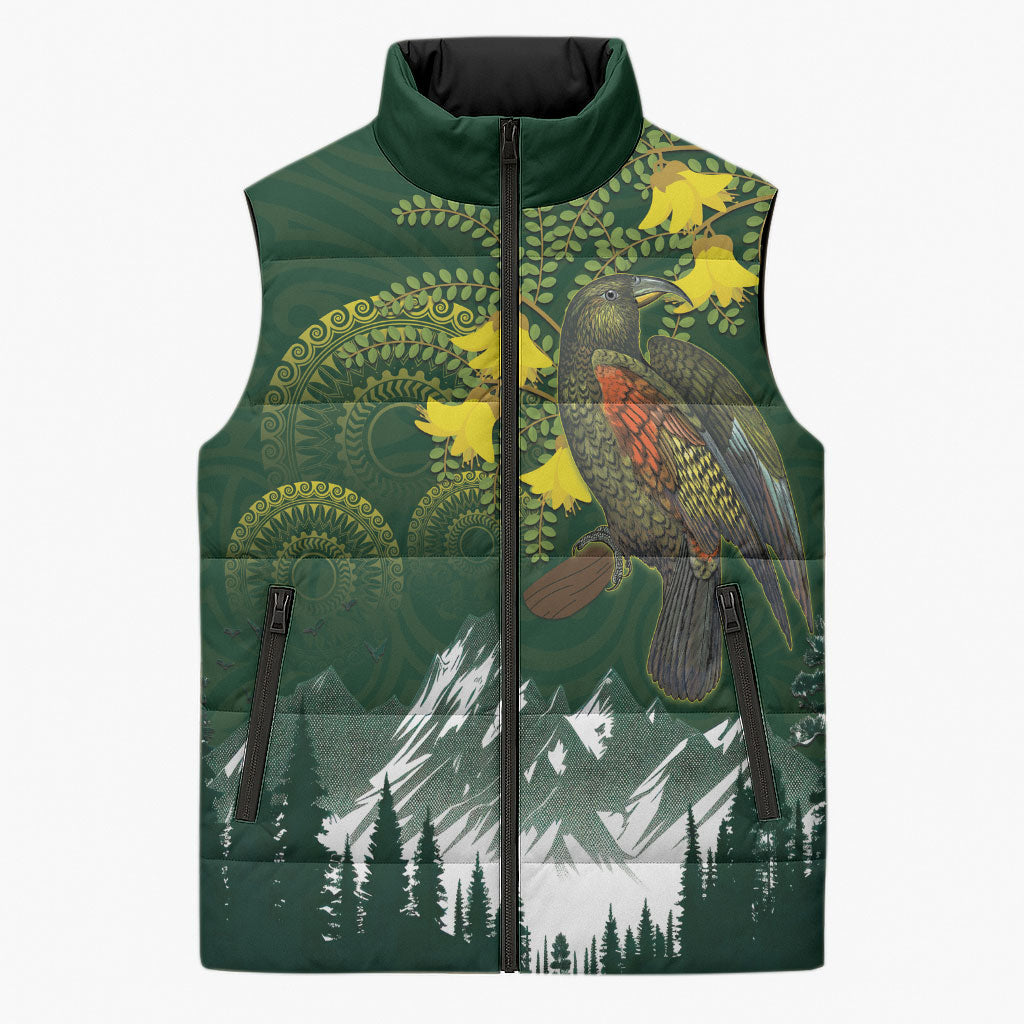 Kea Bird Kowhai New Zealand Sleeveless Puffer Jacket Mountain Landscape Maori Art LT22 Unisex Green - Polynesian Pride