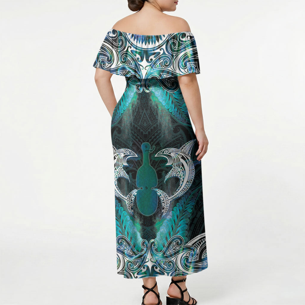 New Zealand Kotiate Weapon Off Shoulder Maxi Dress Aotearoa Mango Paua Shell Maori Pattern LT22 - Polynesian Pride