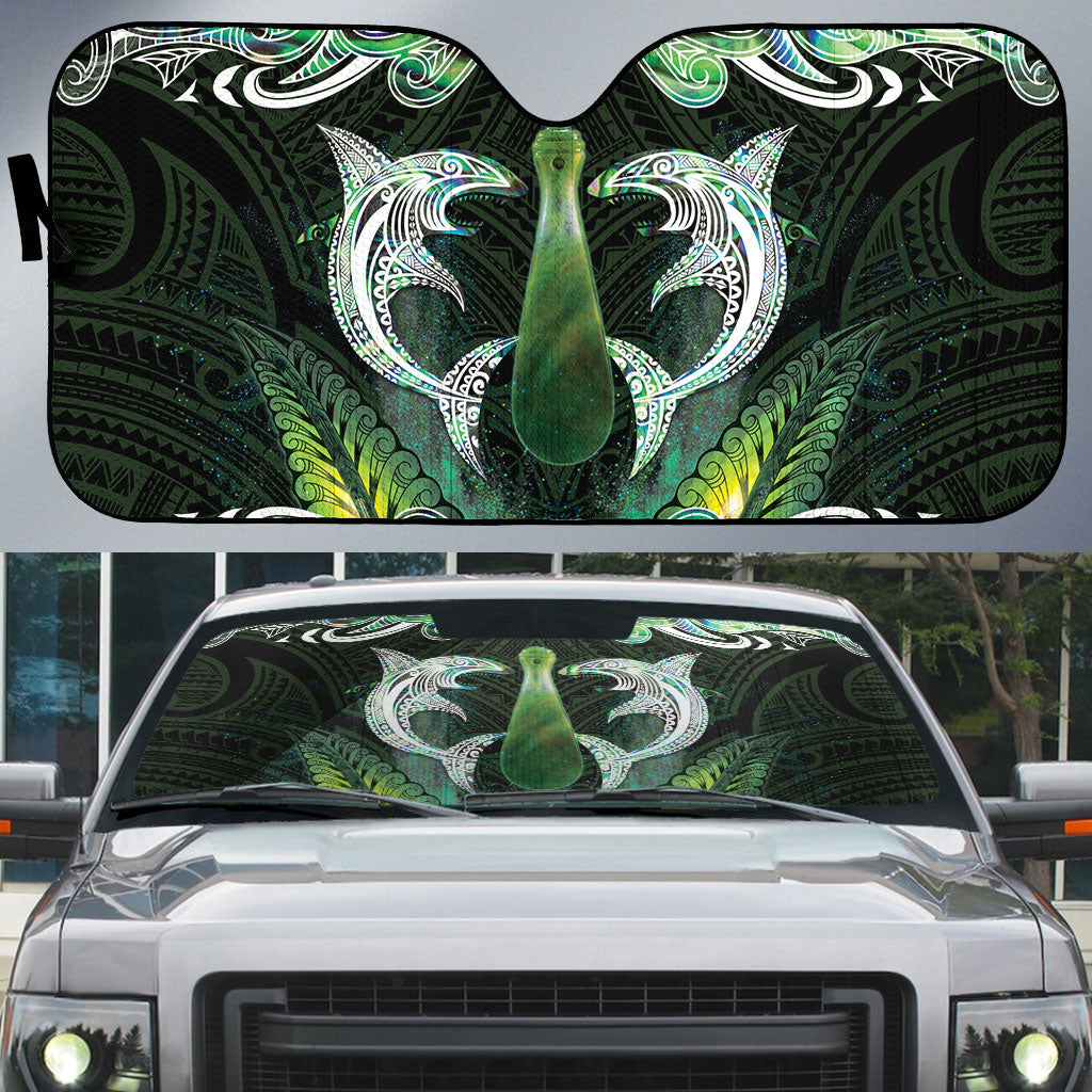New Zealand Mere Pounamu Weapon Auto Sun Shade Aotearoa Mango Paua Shell Maori Pattern LT22 Green - Polynesian Pride