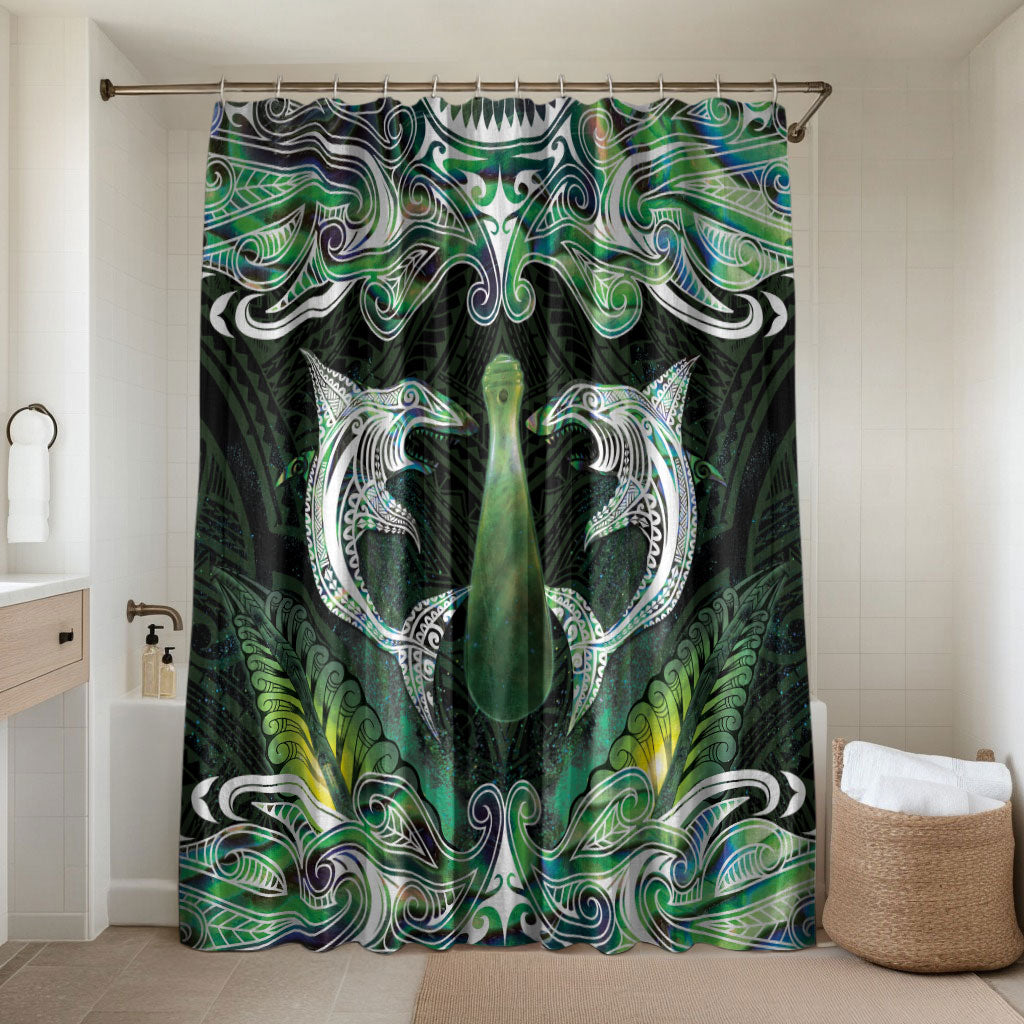 New Zealand Mere Pounamu Weapon Bathroom Set Aotearoa Mango Paua Shell Maori Pattern LT22 Shower Curtain Only Green - Polynesian Pride