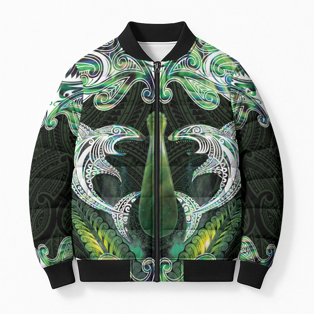New Zealand Mere Pounamu Weapon Bomber Puffer Jacket Aotearoa Mango Paua Shell Maori Pattern LT22 Unisex Green - Polynesian Pride