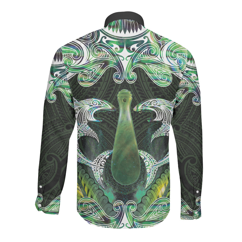 New Zealand Mere Pounamu Weapon Long Sleeve Button Shirt Aotearoa Mango Paua Shell Maori Pattern LT22 - Polynesian Pride