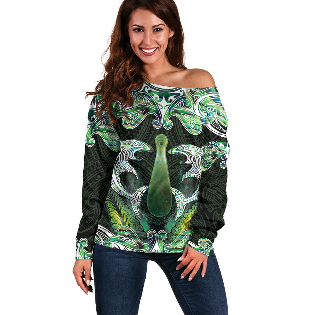 New Zealand Mere Pounamu Weapon Off Shoulder Sweater Aotearoa Mango Paua Shell Maori Pattern LT22 Women Green - Polynesian Pride
