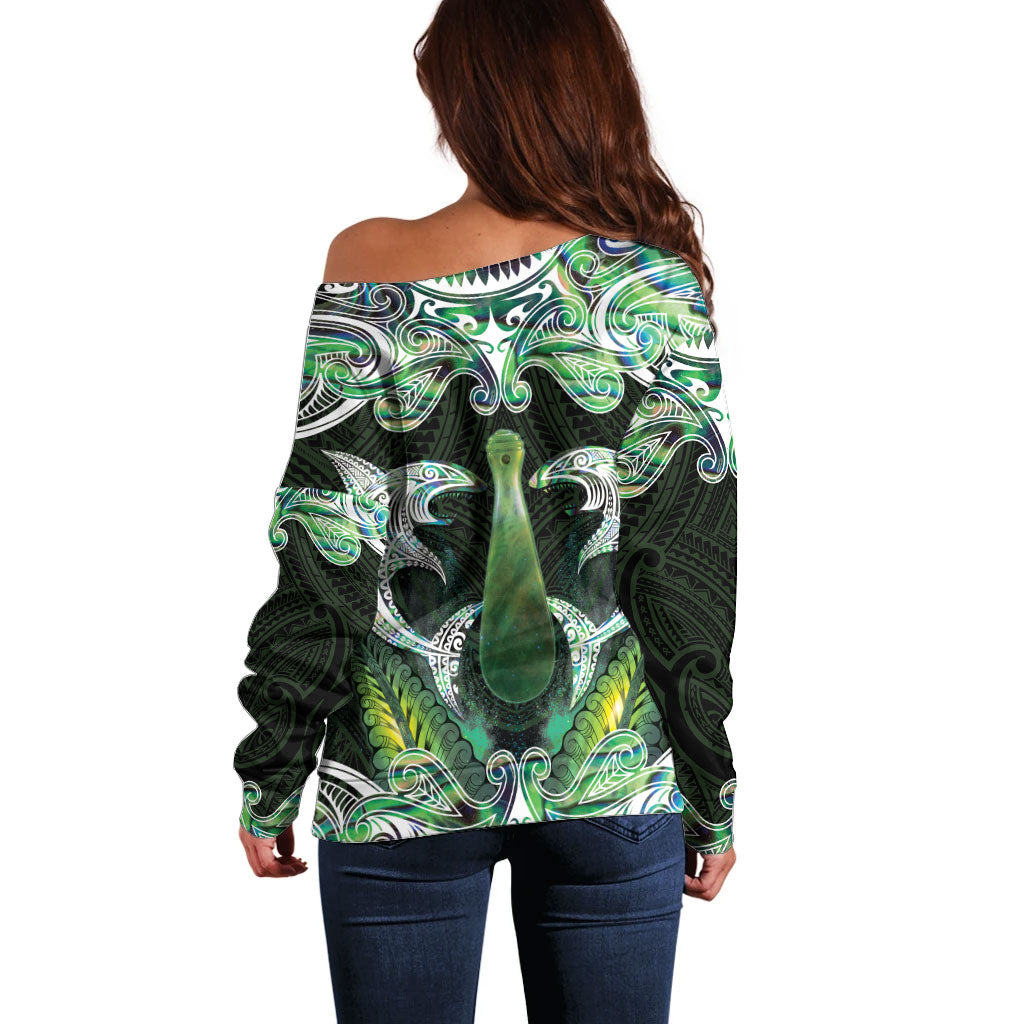 New Zealand Mere Pounamu Weapon Off Shoulder Sweater Aotearoa Mango Paua Shell Maori Pattern LT22 - Polynesian Pride