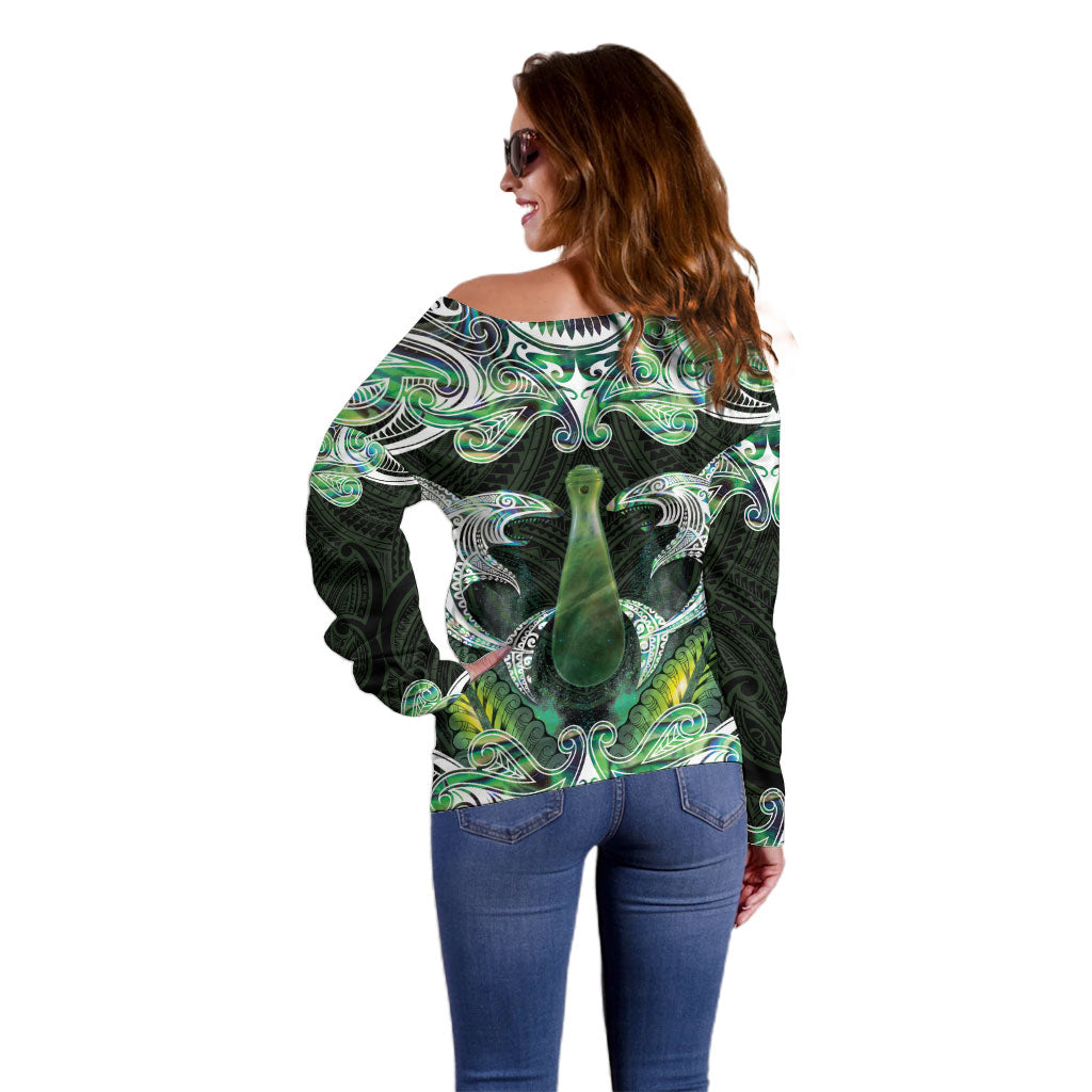 New Zealand Mere Pounamu Weapon Off Shoulder Sweater Aotearoa Mango Paua Shell Maori Pattern LT22 - Polynesian Pride