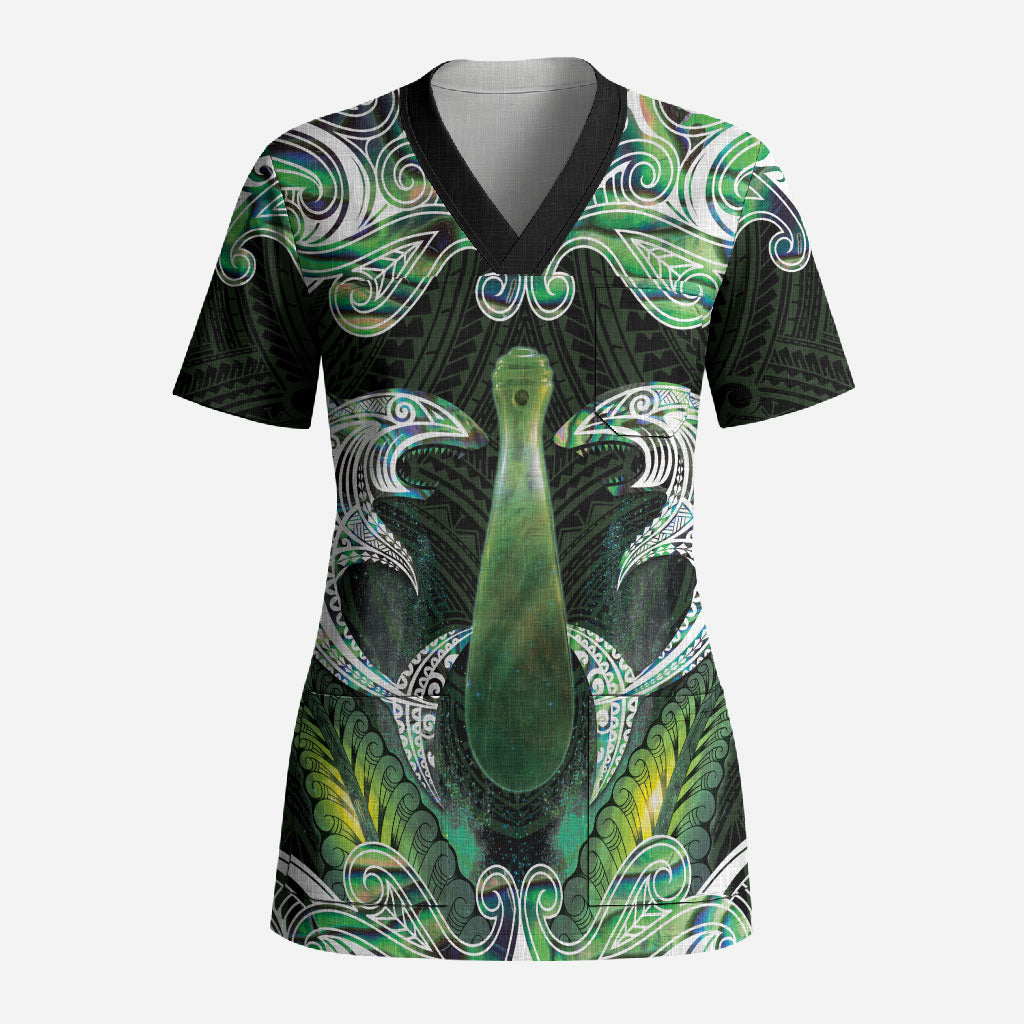 New Zealand Mere Pounamu Weapon Scrub Top Aotearoa Mango Paua Shell Maori Pattern LT22 Adult Green - Polynesian Pride