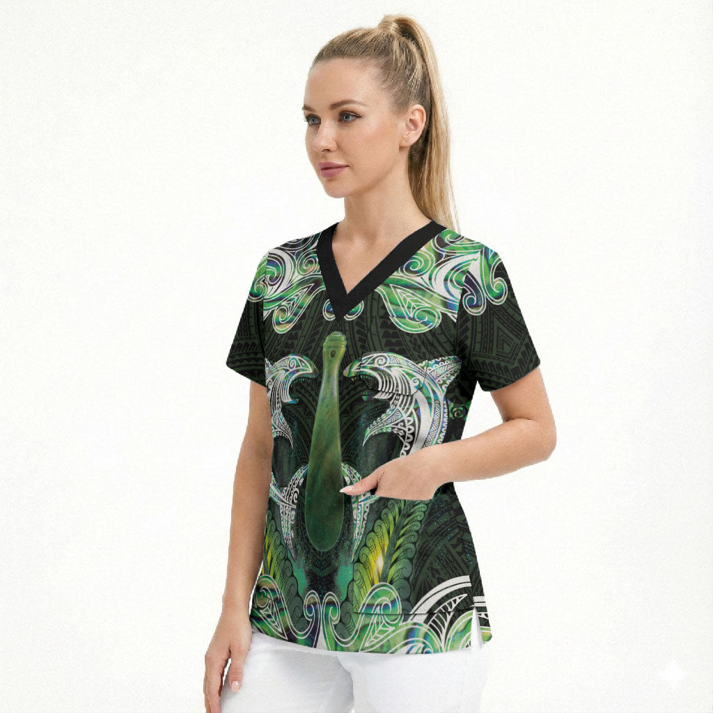 New Zealand Mere Pounamu Weapon Scrub Top Aotearoa Mango Paua Shell Maori Pattern LT22 - Polynesian Pride