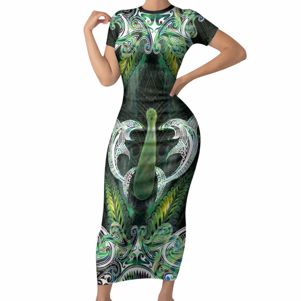 New Zealand Mere Pounamu Weapon Short Sleeve Bodycon Dress Aotearoa Mango Paua Shell Maori Pattern LT22 Long Dress Green - Polynesian Pride