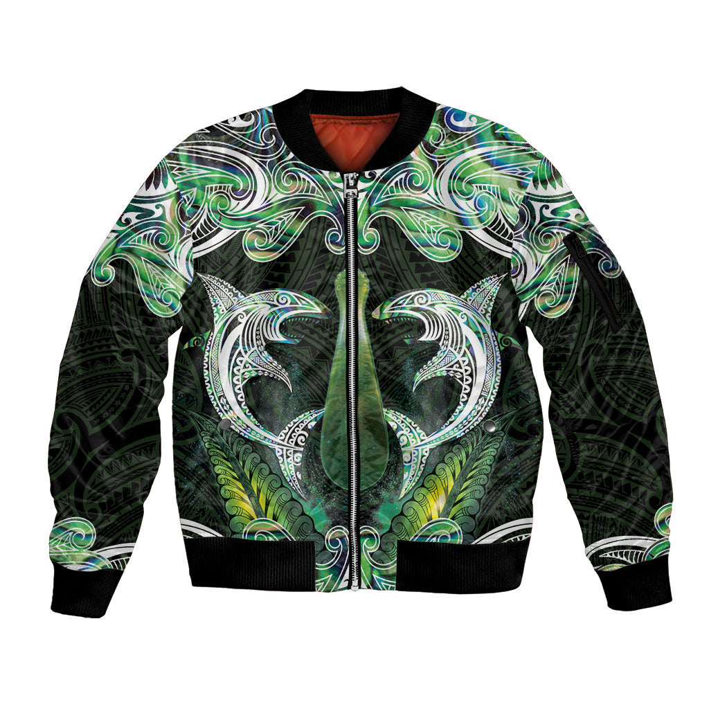 New Zealand Mere Pounamu Weapon Sleeve Zip Bomber Jacket Aotearoa Mango Paua Shell Maori Pattern LT22 Unisex Green - Polynesian Pride