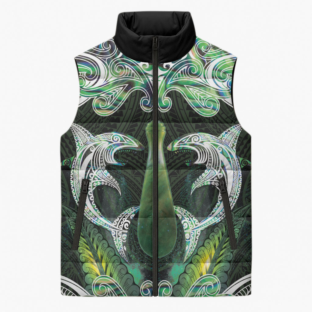 New Zealand Mere Pounamu Weapon Sleeveless Puffer Jacket Aotearoa Mango Paua Shell Maori Pattern LT22 Unisex Green - Polynesian Pride
