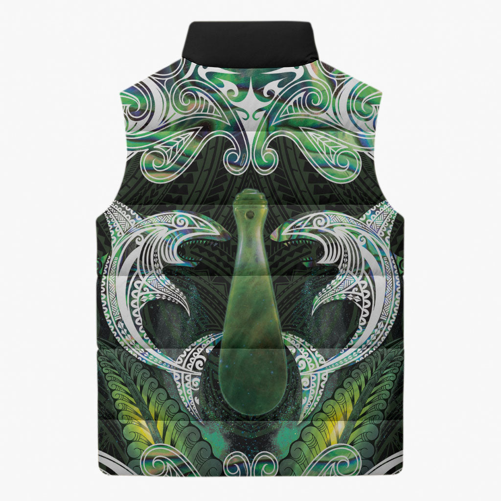New Zealand Mere Pounamu Weapon Sleeveless Puffer Jacket Aotearoa Mango Paua Shell Maori Pattern LT22 - Polynesian Pride