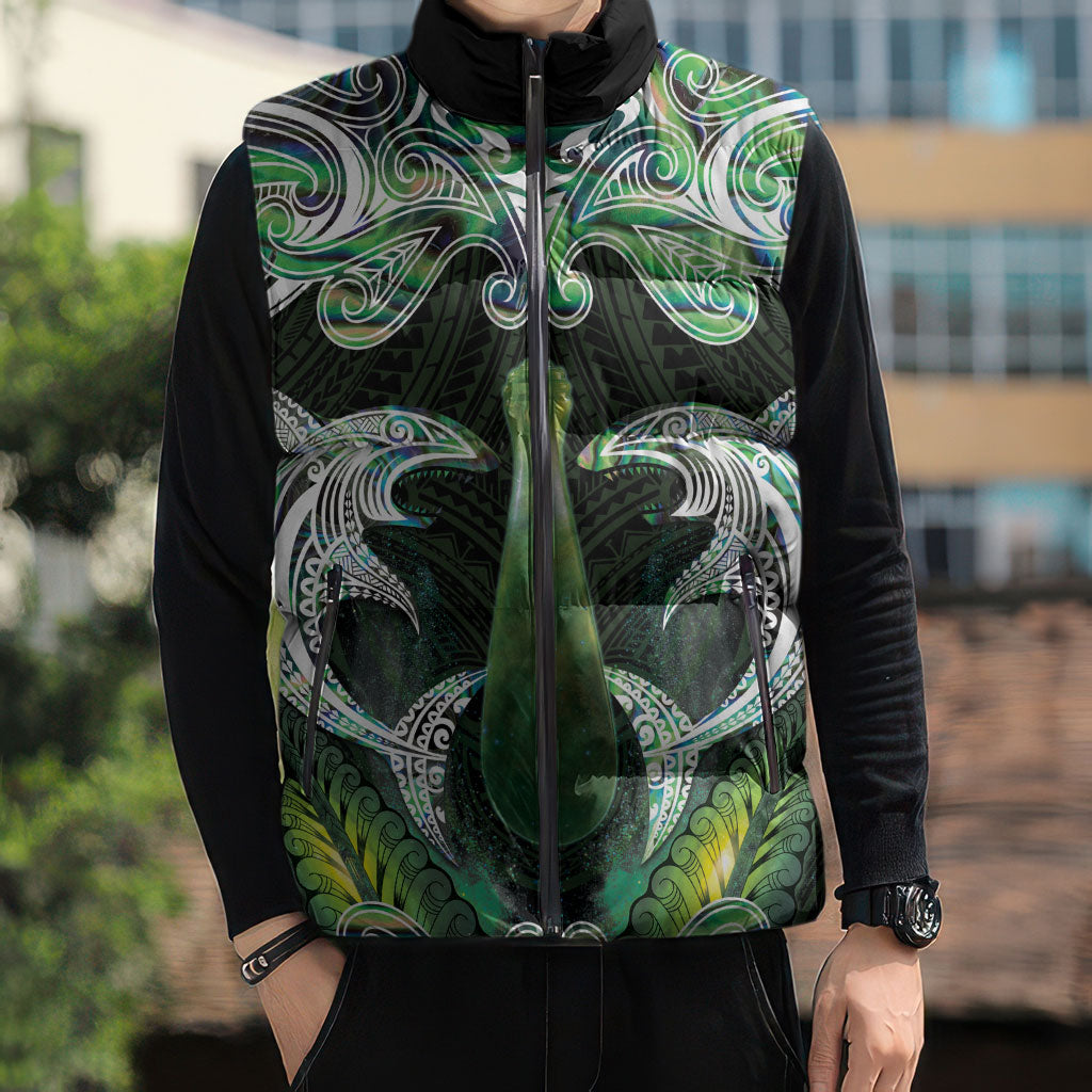 New Zealand Mere Pounamu Weapon Sleeveless Puffer Jacket Aotearoa Mango Paua Shell Maori Pattern LT22 - Polynesian Pride
