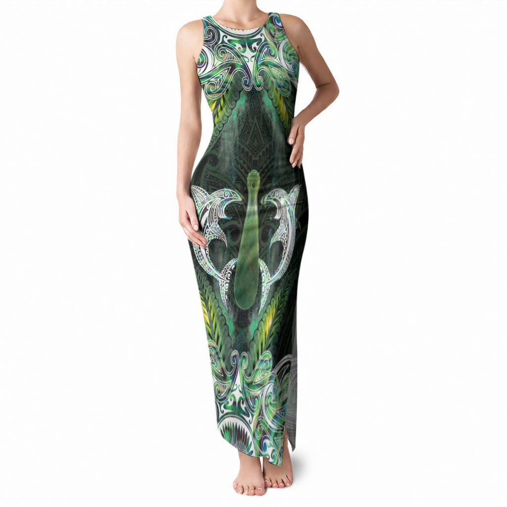 New Zealand Mere Pounamu Weapon Tank Maxi Dress Aotearoa Mango Paua Shell Maori Pattern LT22 Women Green - Polynesian Pride
