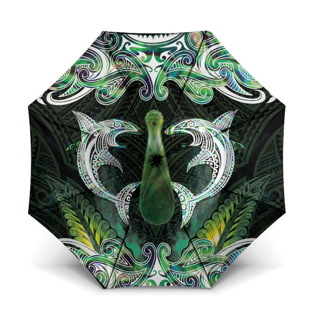 New Zealand Mere Pounamu Weapon Umbrella Aotearoa Mango Paua Shell Maori Pattern LT22 One Size Folded 11.42 inch Opened Diameter 37.4 inch Green - Polynesian Pride
