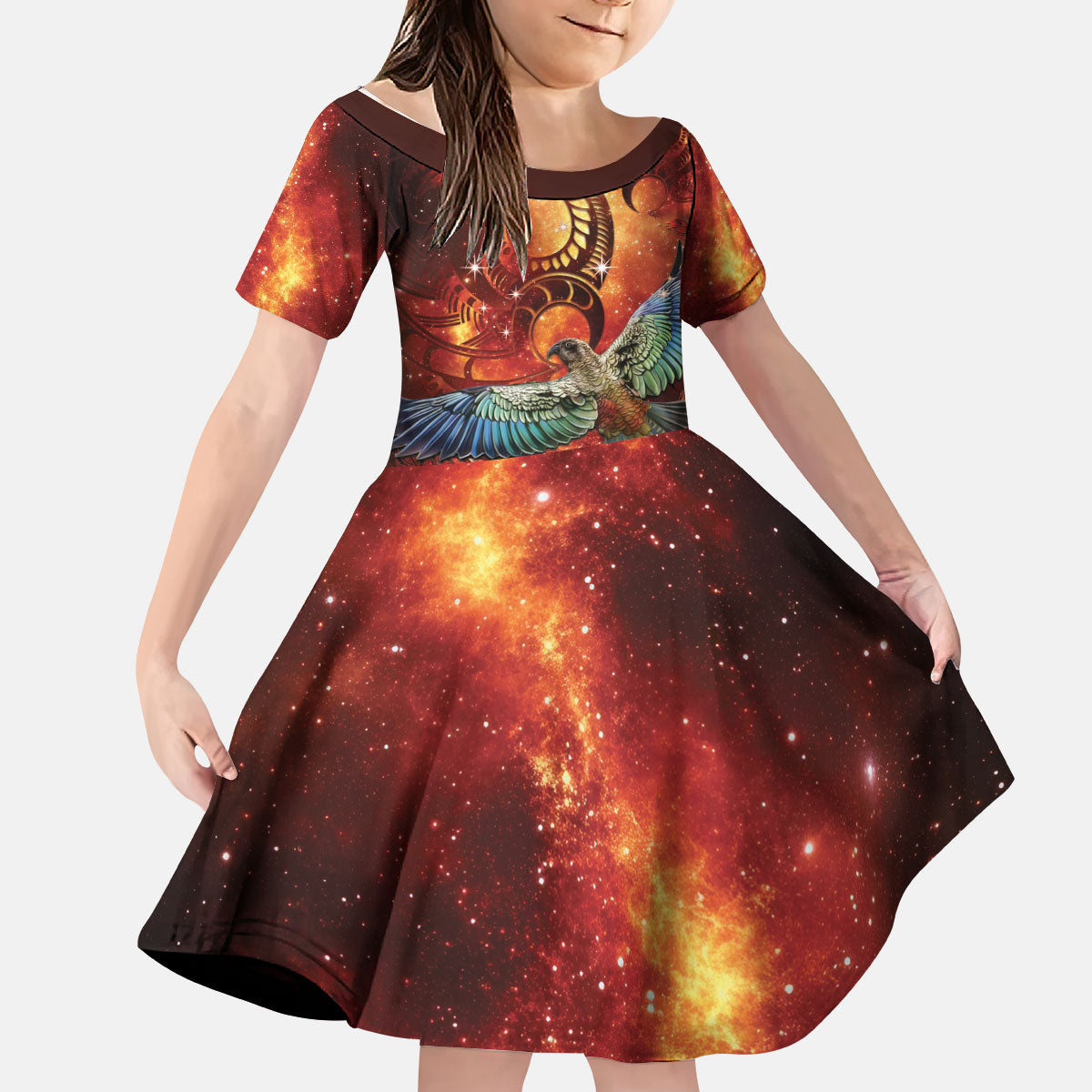 New Zealand Kea Bird Matariki Personalised Kid Short Sleeve Dress Silver Fern Maori Pattern LT22 KID Orange - Polynesian Pride
