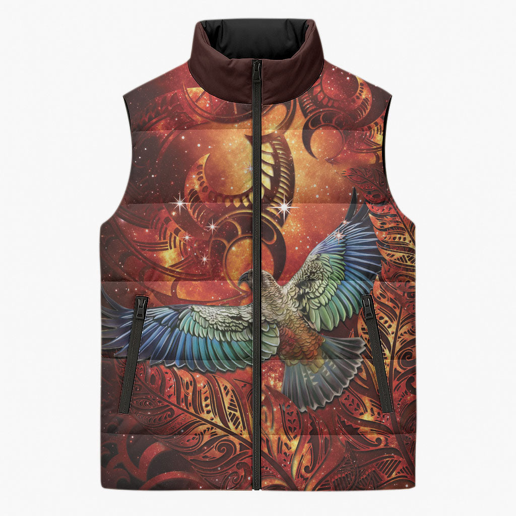 New Zealand Kea Bird Matariki Personalised Sleeveless Puffer Jacket Silver Fern Maori Pattern LT22 Unisex Orange - Polynesian Pride