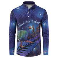 Takahe New Zealand Personalised Button Sweatshirt Harakeke Silver Fern Maori Pattern LT22 Blue - Polynesian Pride
