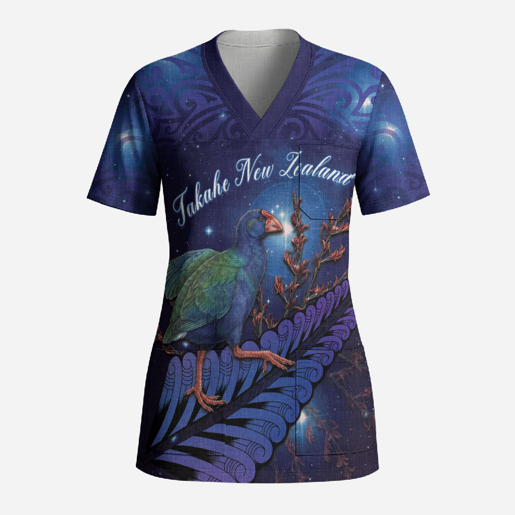 Takahe New Zealand Personalised Scrub Top Harakeke Silver Fern Maori Pattern LT22 Adult Blue - Polynesian Pride