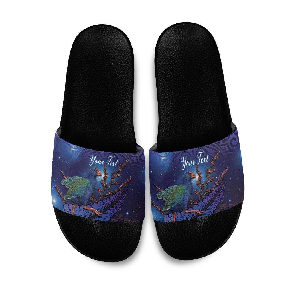 Takahe New Zealand Personalised Slide Sandals Harakeke Silver Fern Maori Pattern LT22 Blue - Polynesian Pride