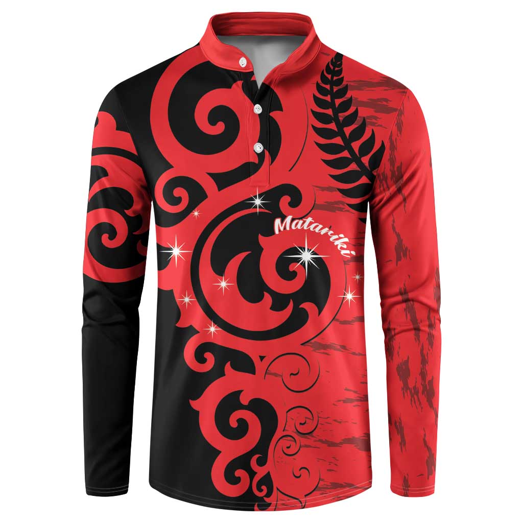 New Zealand Matariki Button Sweatshirt Maori New Year Koru Pattern LT22 Red - Polynesian Pride