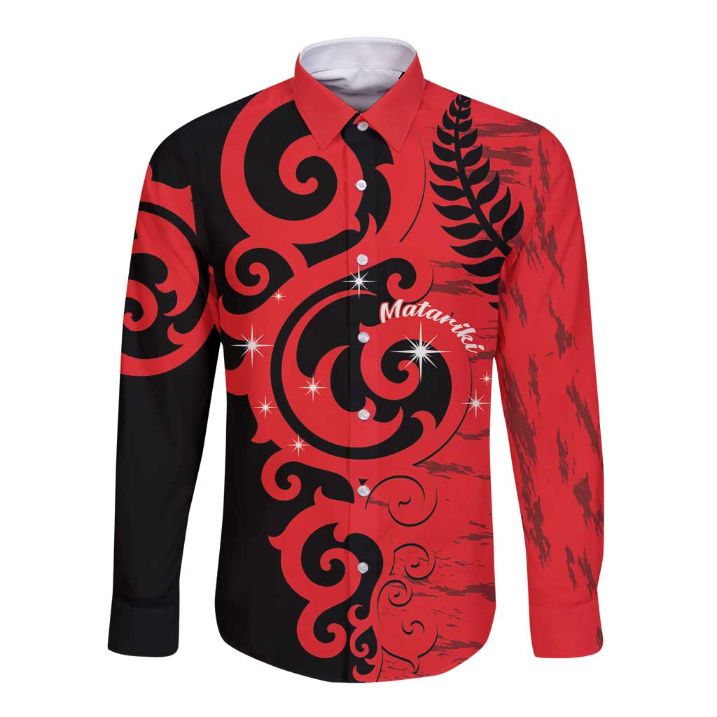 New Zealand Matariki Long Sleeve Button Shirt Maori New Year Koru Pattern LT22 Unisex Red - Polynesian Pride