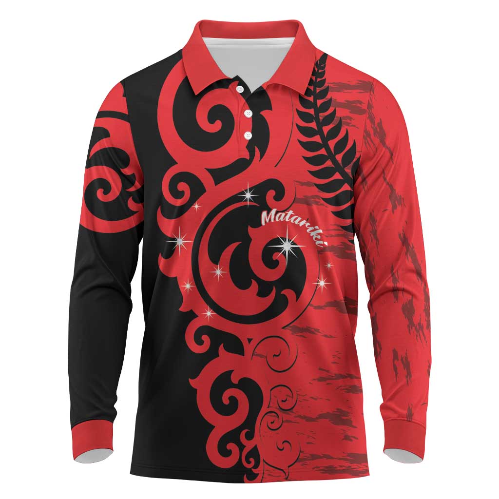 New Zealand Matariki Long Sleeve Polo Shirt Maori New Year Koru Pattern LT22 Red - Polynesian Pride