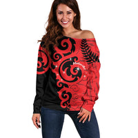 New Zealand Matariki Off Shoulder Sweater Maori New Year Koru Pattern LT22 Women Red - Polynesian Pride