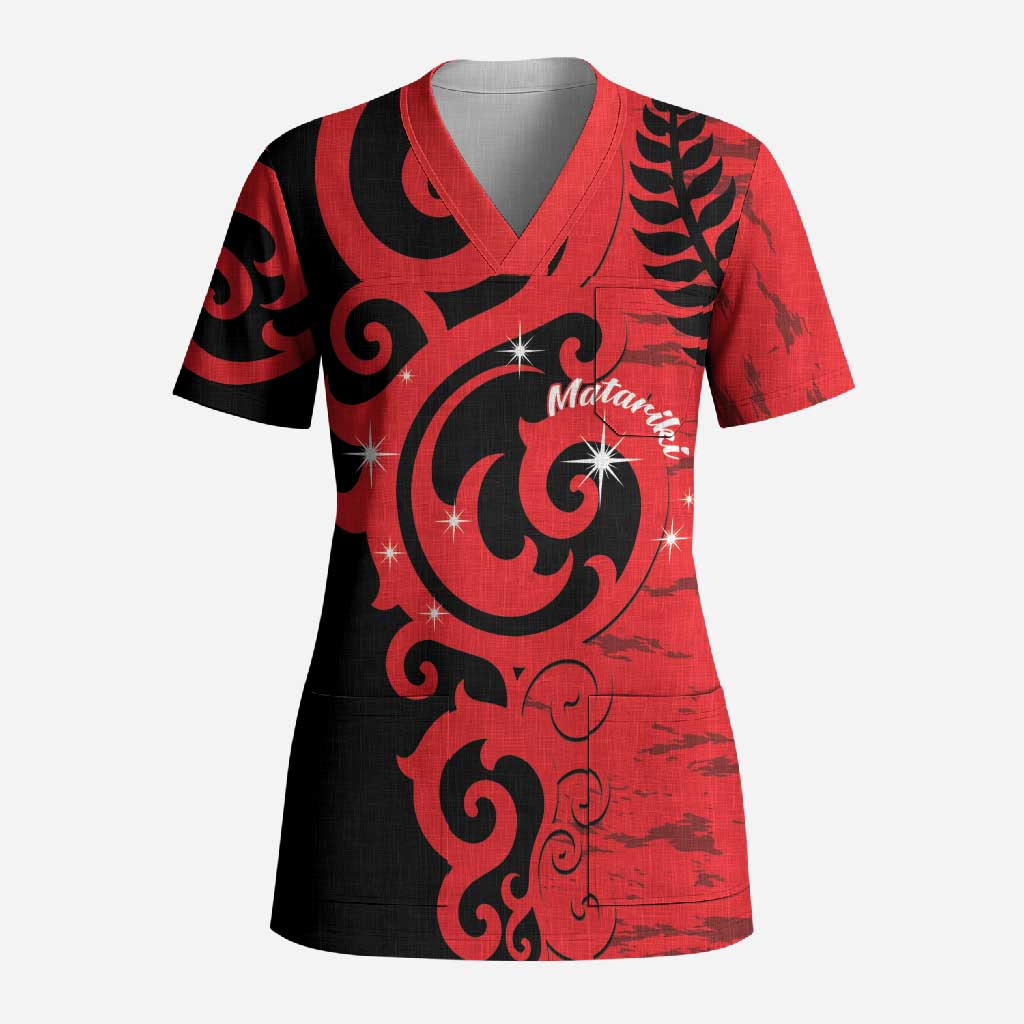 New Zealand Matariki Scrub Top Maori New Year Koru Pattern LT22 Adult Red - Polynesian Pride