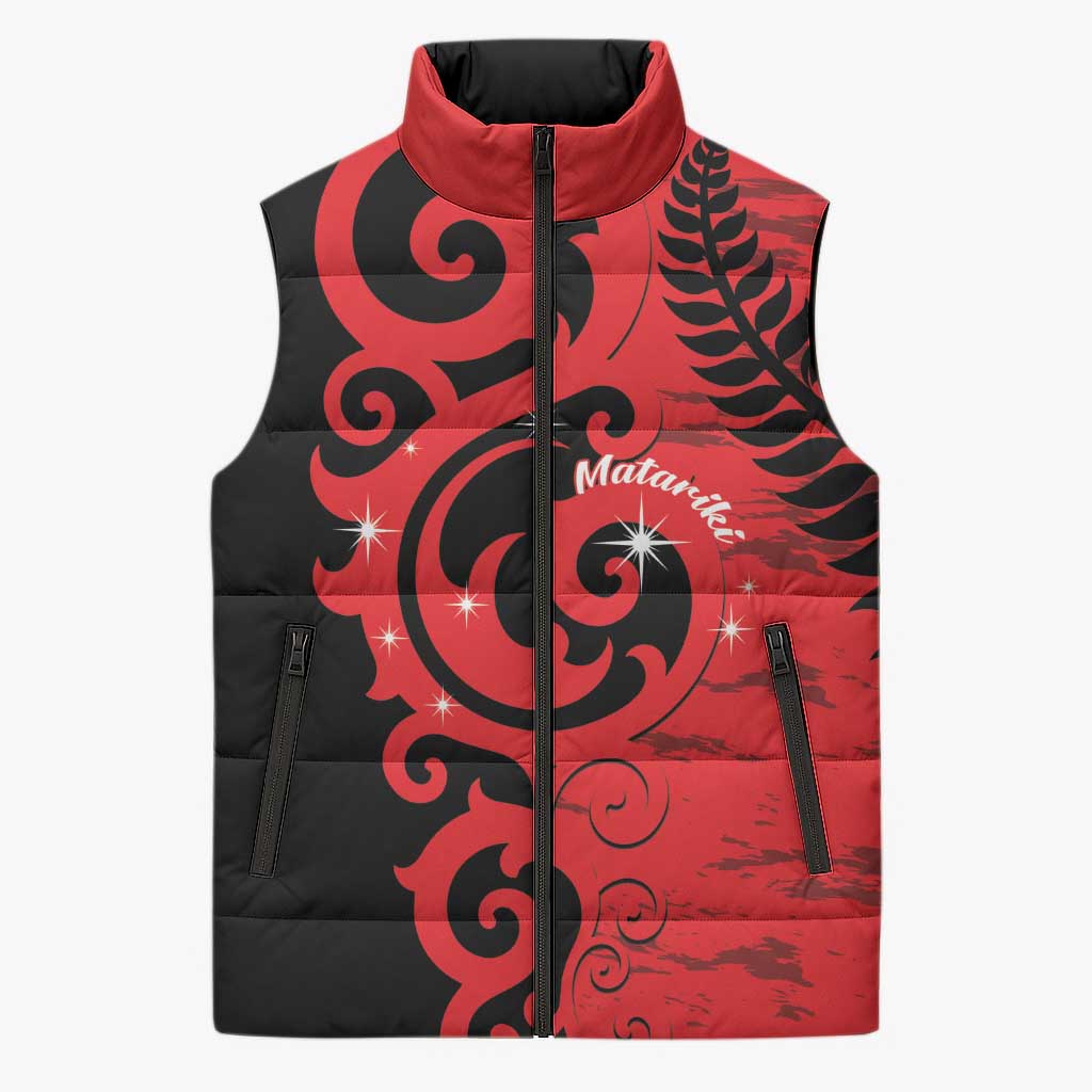 New Zealand Matariki Sleeveless Puffer Jacket Maori New Year Koru Pattern LT22 Unisex Red - Polynesian Pride