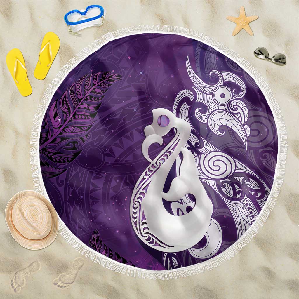 New Zealand Matariki Beach Blanket Maori Manaia Galaxy Silver Fern Purple Color LT22 One Size 150cm Purple - Polynesian Pride