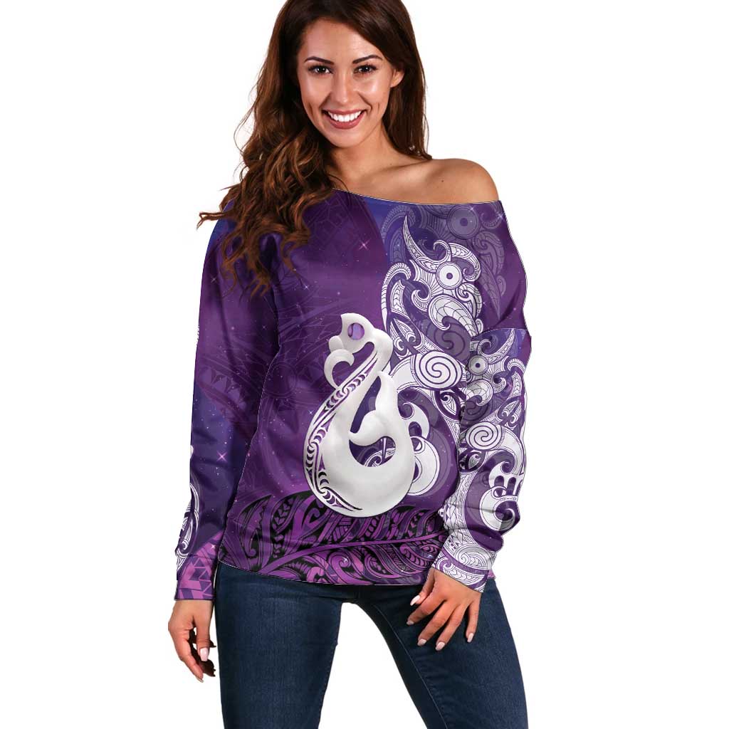 New Zealand Matariki Off Shoulder Sweater Maori Manaia Galaxy Silver Fern Purple Color LT22 Women Purple - Polynesian Pride
