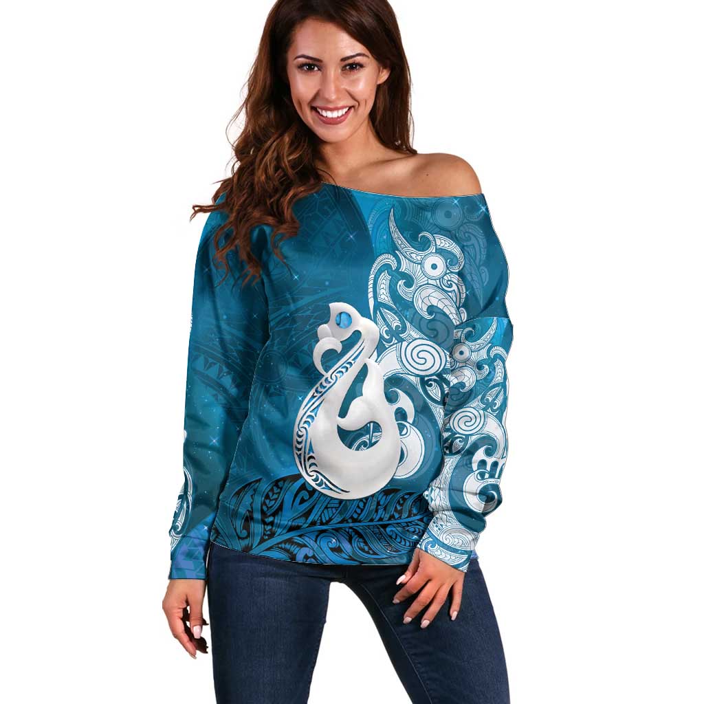 New Zealand Matariki Off Shoulder Sweater Maori Manaia Galaxy Silver Fern Blue Color LT22 Women Blue - Polynesian Pride