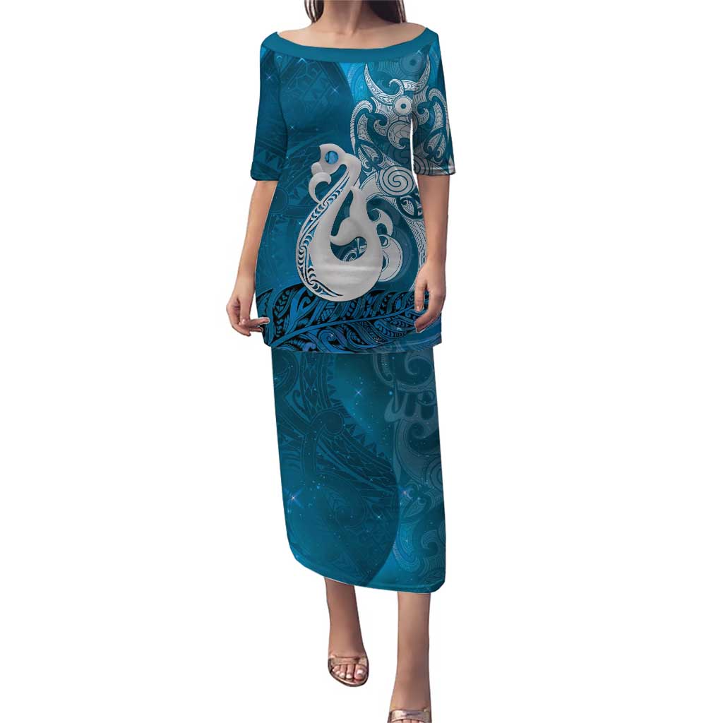 New Zealand Matariki Puletasi Maori Manaia Galaxy Silver Fern Blue Color LT22 Long Dress Blue - Polynesian Pride
